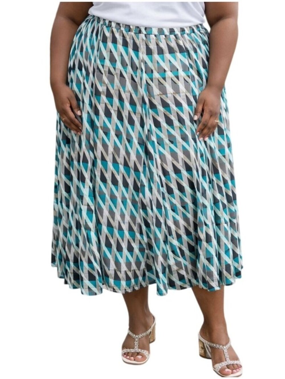 Cato Plus Size 26/28W Skirt Maxi Diamond Print Pleated Teal Blue Gray Black